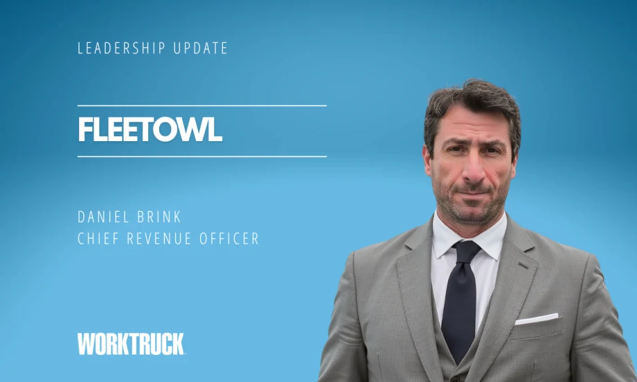 Man in business attire against a blue background with text for Leadership Update, FleetOwl, the man's name and title, and a logo for Work Truck.