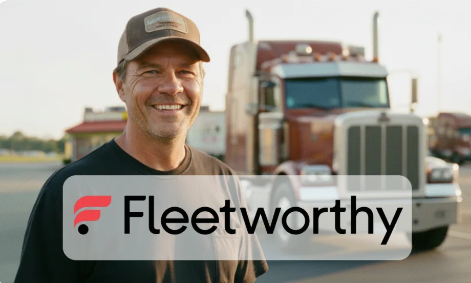 Man in cap standing in front of a tractor trailer with overlay logo for Fleetworthy.