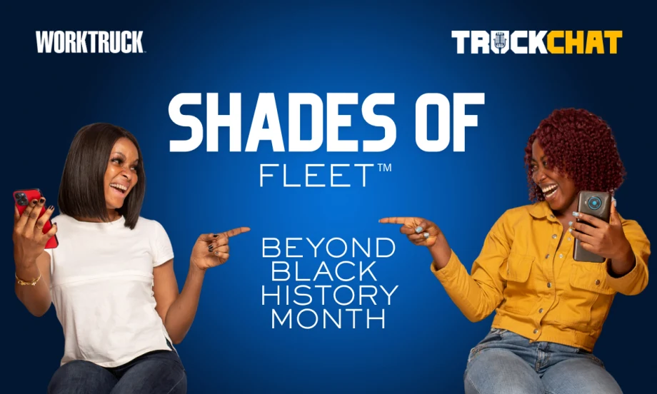 Promotional graphic for Work Truck’s Shades of Fleet video series featuring two Black professionals holding phones, with text reading “Beyond Black History Month” on a blue background.