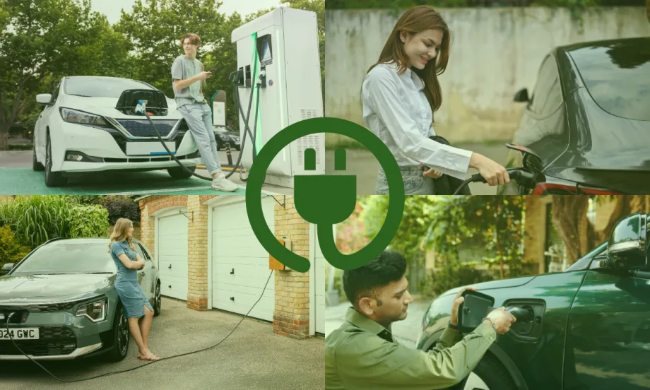 Collage of drivers charging electric vehicles at public and home charging stations, with a large green plug icon centered over the images.