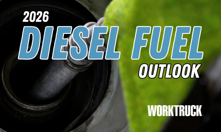 Background closeup image of a green fuel handle and headline 2026 Diesel Fuel Outlook and a logo for Work Truck.