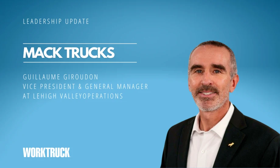 Man in business attire against a blue background with headline for Leadership Update, Mack Trucks, and the man's name and title.