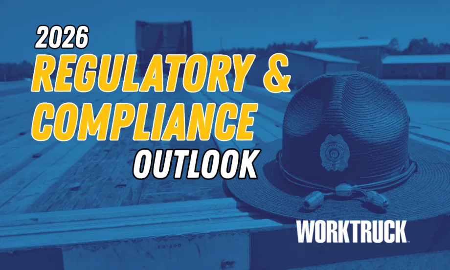 Tinted blue background image of a state trooper hat on a flatbed trailer with headline 2026 Regulatory & Compliance Outlook.