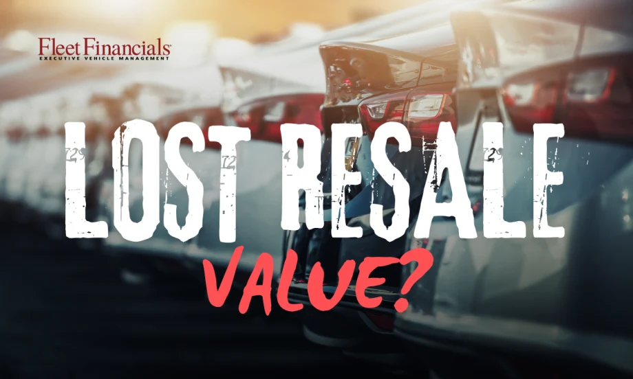 Fleet vehicles lined up for resale with text reading “Lost Resale Value?” illustrating how technology, maintenance, and safety investments are often not reflected in residual values.