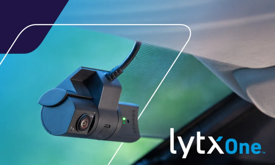 Bluish green background images and shapes with inset image of a video dash cam and logo for LytxOne.