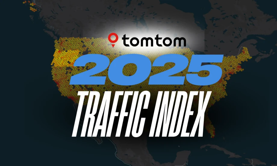 Map graphic showing U.S. traffic congestion data from the 2025 TomTom Traffic Index, highlighting major metro areas with the highest congestion and slowest travel speeds.