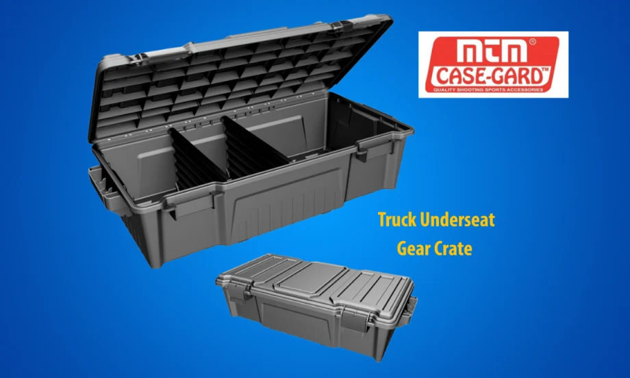 A black plastic storage crate for under truck seat against a blue background and a logo for MTM CaseGard.