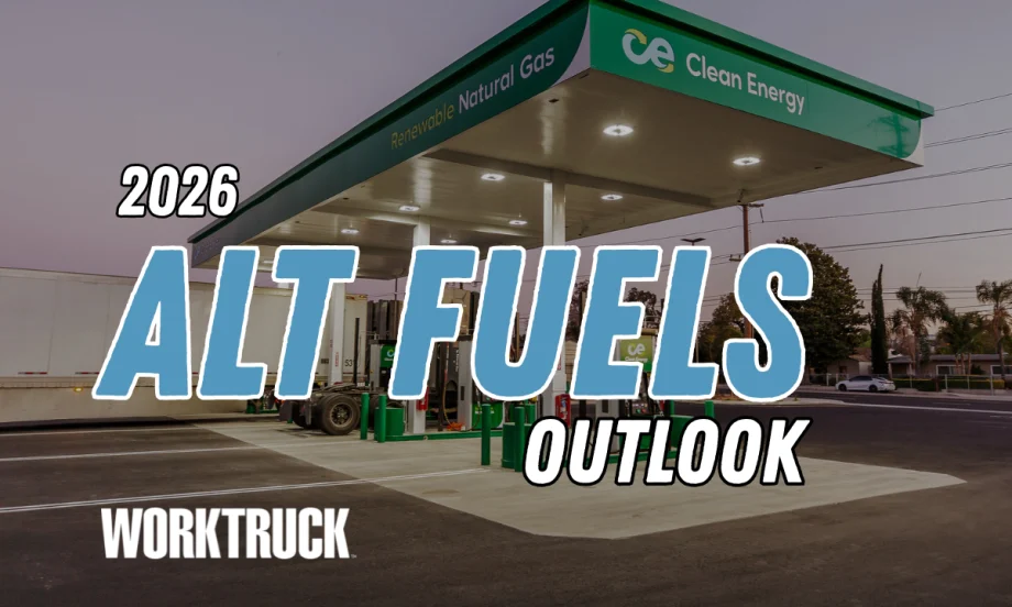 Background image of a filling station with headline 2026 Alt Fuels Outlook at a logo for Work Truck.