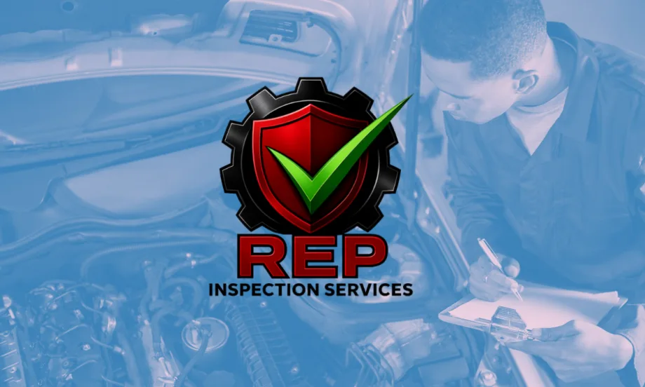 Tinted blue background image of man with clipboard inspecting a car and a logo for REP Inspection Services.
