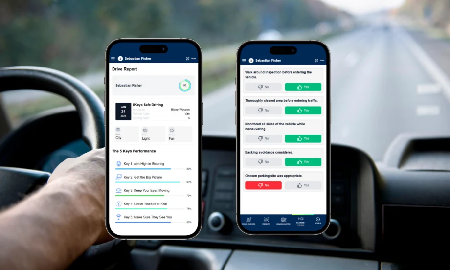 Two smartphones display a digital behind-the-wheel assessment and Smith5Keys Drive Report, capturing coaching feedback in real time during a road session.