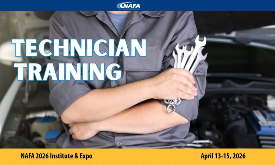 Mechanic standing with arms crossed and holding wrenches, small NAFA logo at top on a blue stripe, and headline Technician Training.