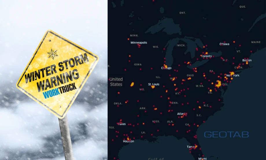 A winter storm warning sign and a U.S. heat map highlighting collision hotspots from Geotab data during Winter Storm Fern, with increased activity across the Midwest and Mid-Atlantic