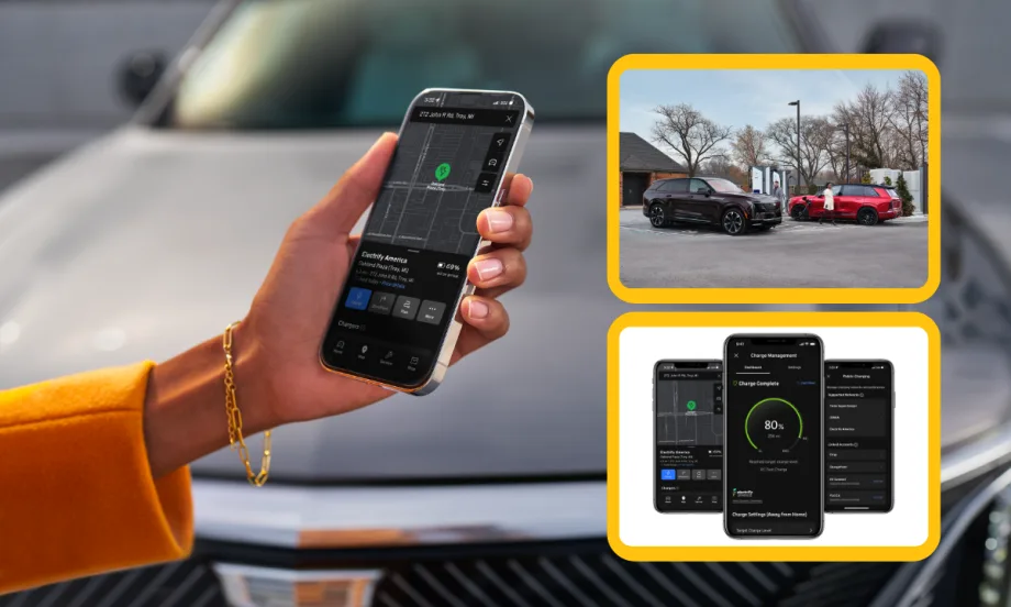 Background photo of a hand holding a phone and a car in the background, inset images of two parked EV cars and a series of screenshots of phone.