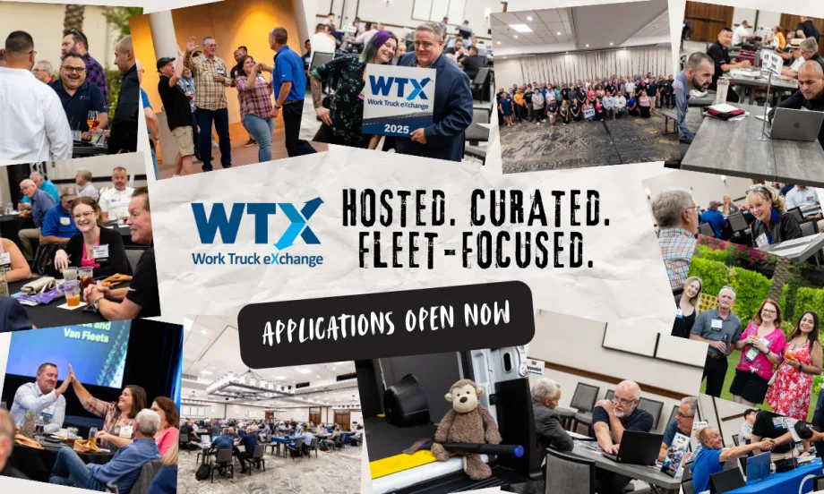 Collage of WTX Work Truck eXchange: fleet managers networking, learning sessions, and supplier meetings. Text reads “Hosted. Curated. Fleet-Focused.” Apply for Sept 23–25, 2026 in Scottsdale, AZ.