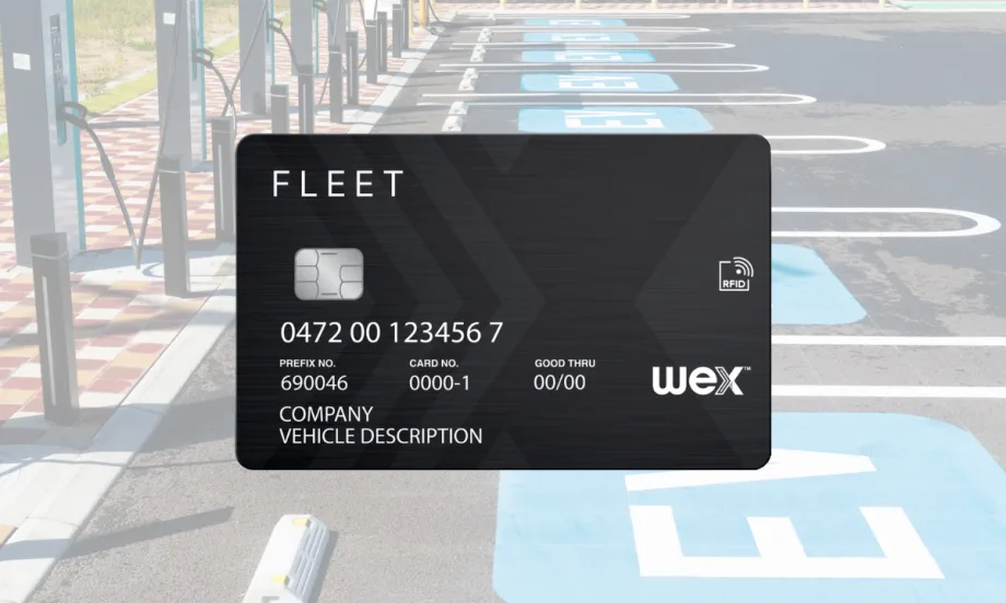 WEX fleet fuel card with RFID capability shown over a public EV charging station parking area, representing a single payment solution for fuel and electric vehicle charging.