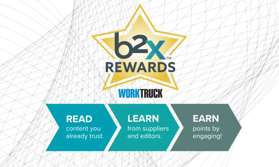 Gray and white mesh background graphic with logo for B2X Rewards and smaller graphics for Read, Learn, Earn.