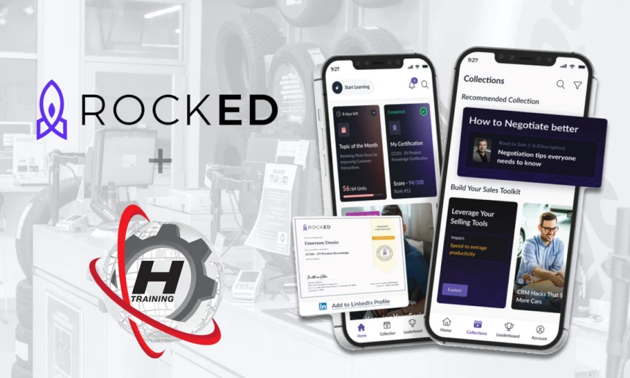 Auto service background image, logos for RockEd and Hunter, and inset photos of training material on phone screens.