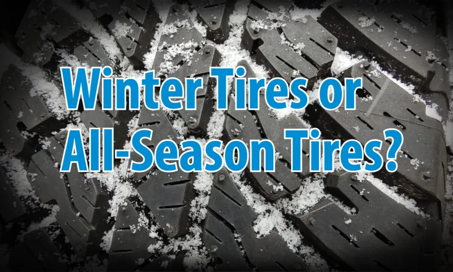 closeup photo of off-road tire tread filled with ice and headline Winter Tires or All-Season Tires?