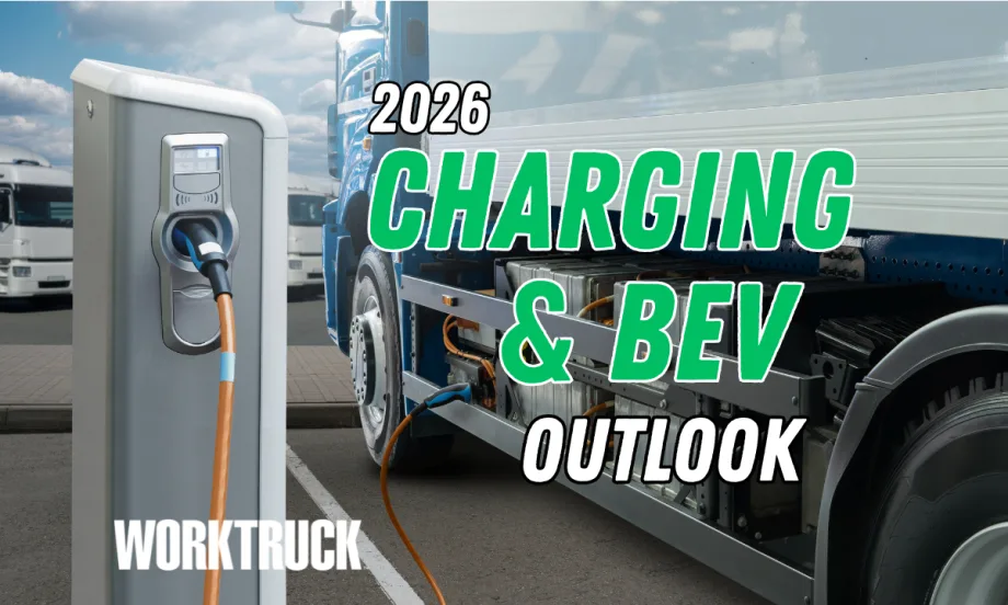 Background image of an electric cargo truck plugged into a charger and headline 2026 Charging and BEV Outlook.