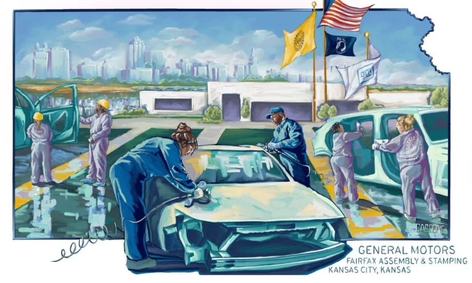 Illustration depicting workers at General Motors’ Fairfax Assembly and Stamping Plant in Kansas City, Kansas, with vehicles and factory buildings in the background.
