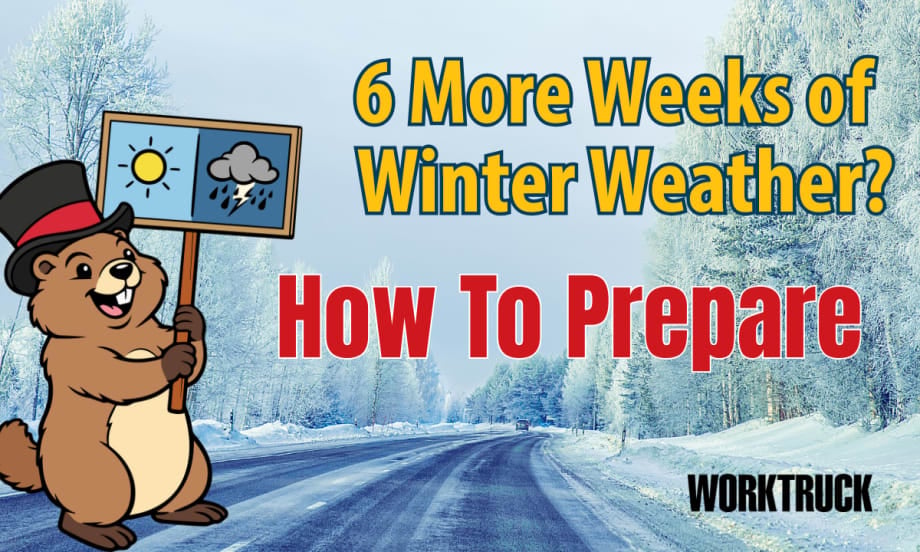 Snowy road background, cartoon of groundhog in top hat holding up weather prediction, and headline 6 More Weeks of Winter Weather? How to Prepare.