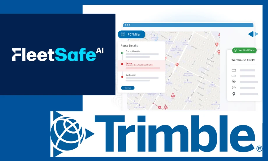 Blue background with inset screenshot of a navigation app map and logos for FleetSafe.ai and Trimble.