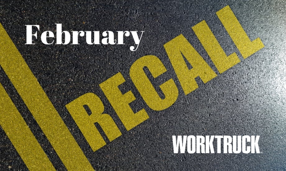 Pavement background with double yellow lines and large text that says Recall, February, and Work Truck logo.