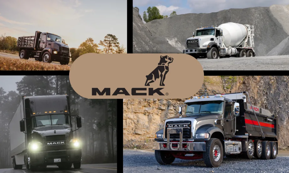 composite image of four Mack trucks with Mack logo in the middle.
