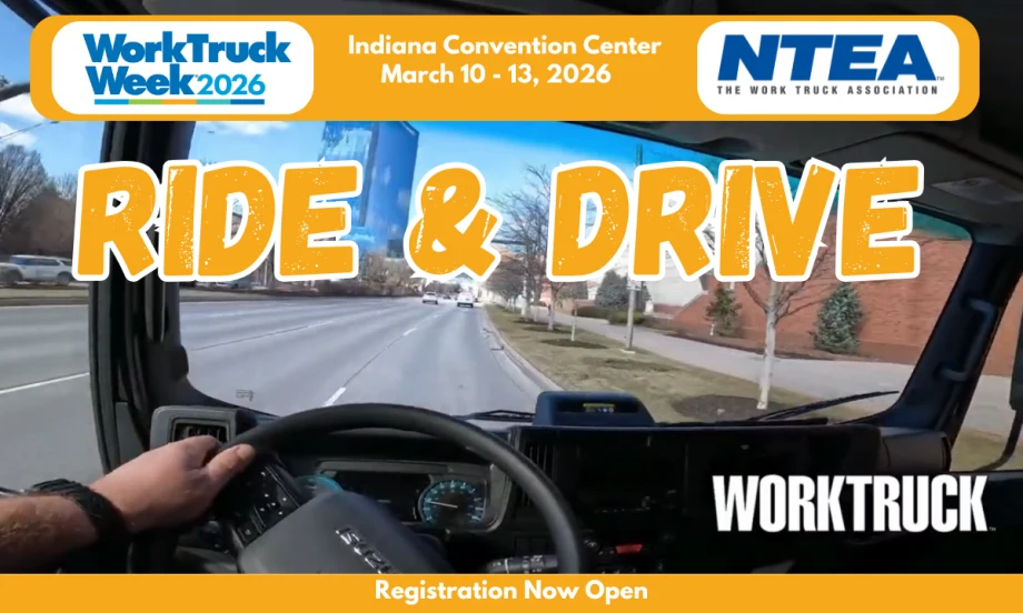 DRiver's perspective from inside truck looking forward to road with large headline Ride & Drive and logos for Work Truck Week, Green Truck Summit, and Work Truck.
