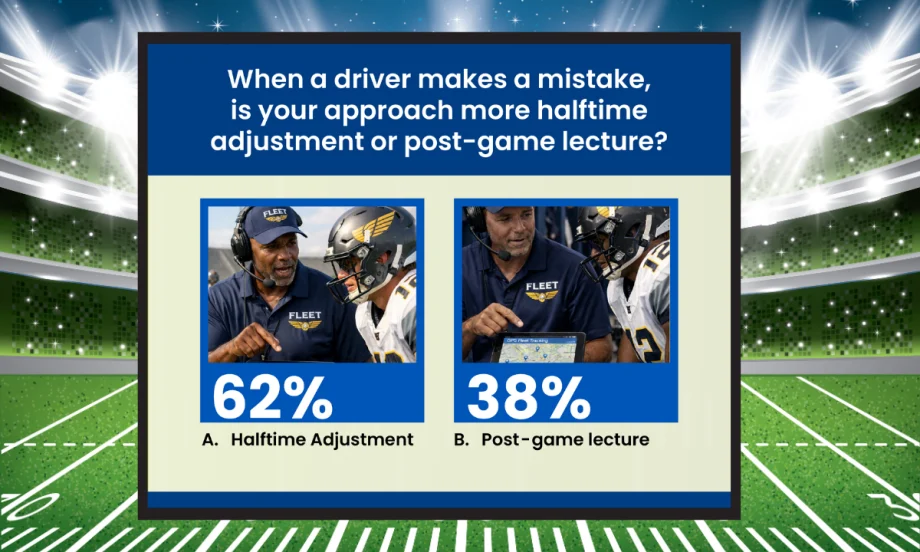 Background graphic of football stadium and inset photos showing survey results about commercial fleets and coaching.