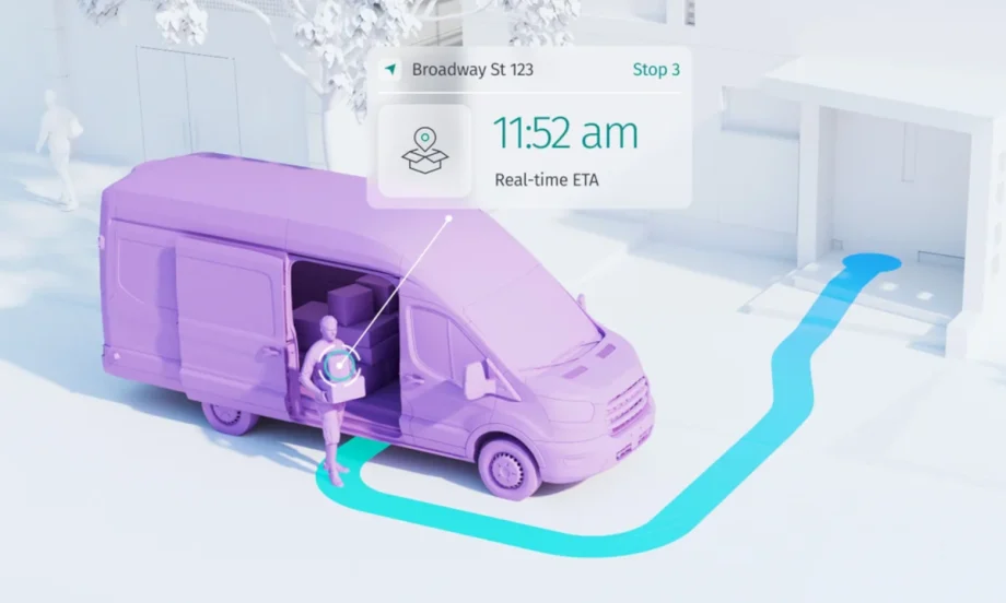 Graphic illustration of an all-white street scene, a purple delivery van and delivery person, and a blue arrow pointing from the person into the doorway of a delivery location.