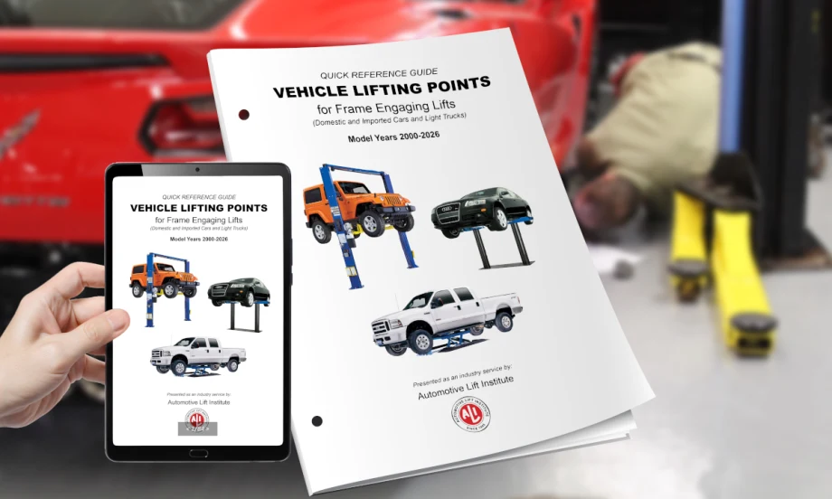 Photo of ALI Lifting Points Guide in digital and print form with background setting of a car on a lift.