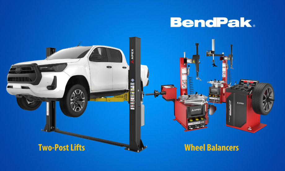 Image of a truck on a two-post lift on the left, image of two wheel balancers on the right, a blue background, and a white BendPak logo.