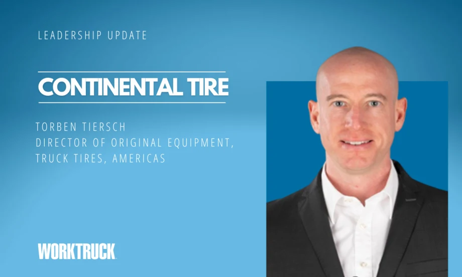 Man in business attire against a blue background headline for Leadership Update, Continental Tire, and the man's name and job title.