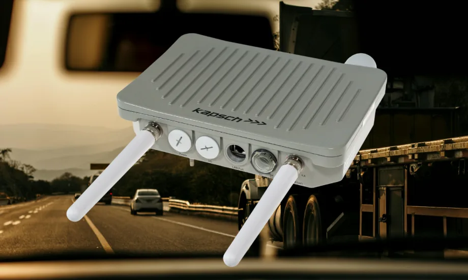 Radio communication device with two small antennas against a background image of highway traffic.