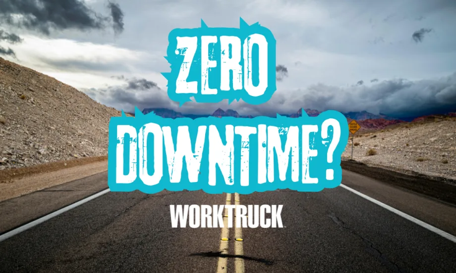 “Zero Downtime” graphic over an open highway road, symbolizing Ford Pro’s strategy to reduce fleet downtime through connected vehicle data and service integration.