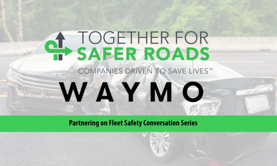 Faint background image of two cars that have collided and logos for Together for Safer Roads and Waymo.
