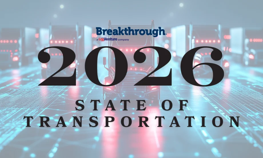 Graphic for Breakthrough 2026 State of Transportation Report featuring semi-trucks on a digital highway with large “2026” text overlay.
