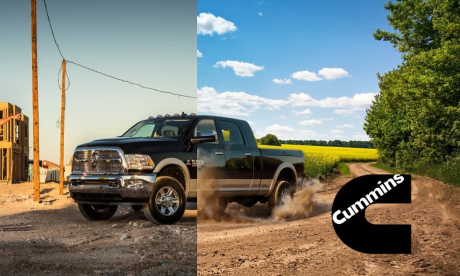 Photo of Ram heavy-duty pickup truck on a dirt road and a Cummins logo inset lower right.