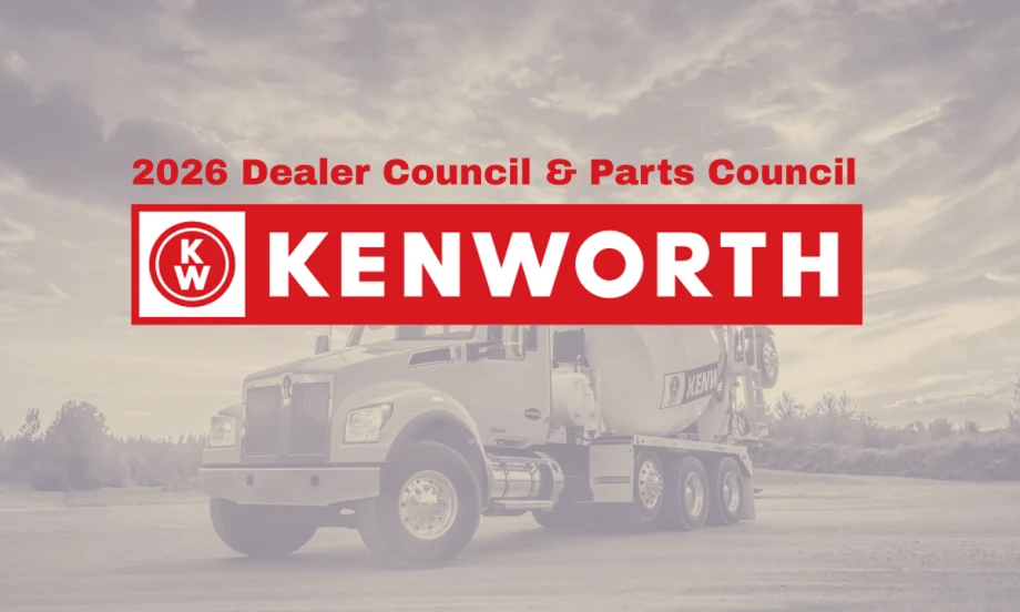 Sepia-toned background image of a concrete truck with red Kenworth logo and read headline 2026 Dealer Council & Parts Council.