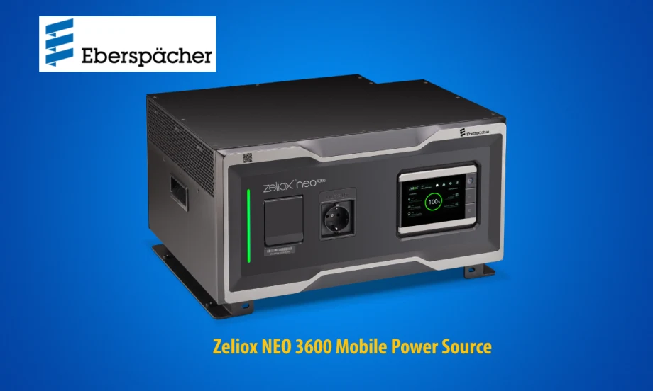 Blue background with inset image of a black electrical box, logo for Eberspaecher and headline Zeliox NEO 3600 mobile power source.