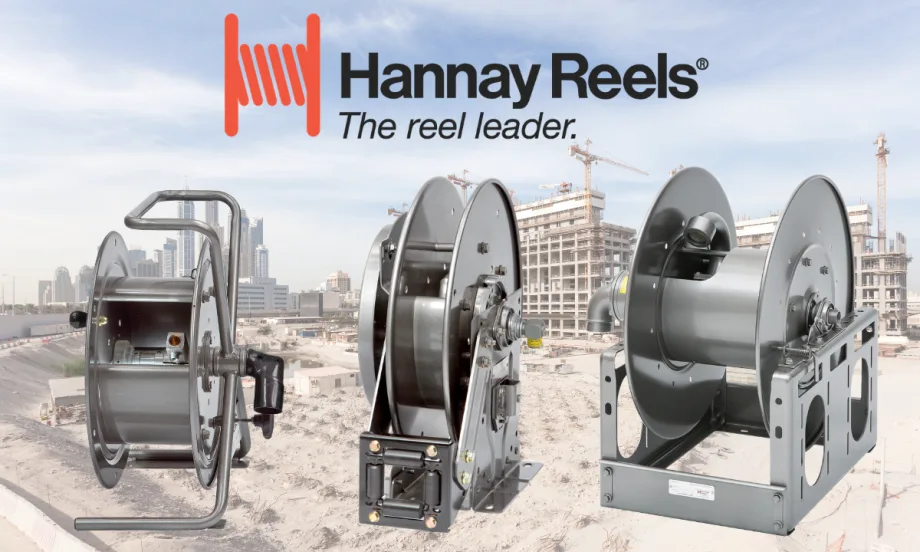 Background image of a construction side with three inset images of hose reels and a logo for Hannay Reels.