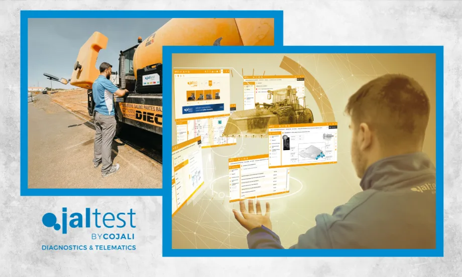White background with image inset of a man working on a construction truck, another image of a man looking at virtual diagrams in front of him, and a logo for Jaltest.