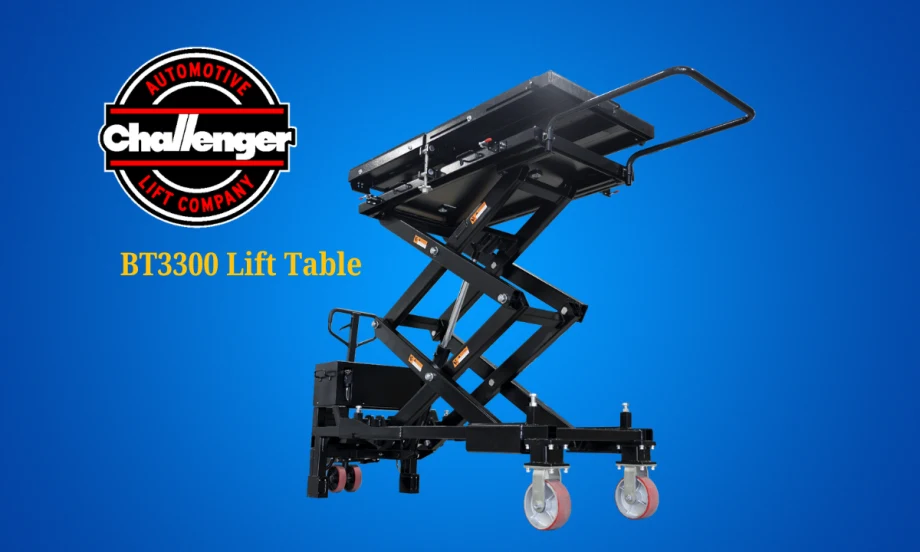 Black scissor-style automotive lift against a blue background and a logo for Challenger Lifts.