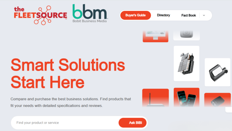The Fleet Source homepage with “Smart Solutions Start Here,” highlighting Bobit Business Media’s fleet sourcing platform after acquiring Roadz partner agreement assets for API-first growth.