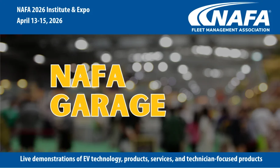 Background scene of a blurred tradeshow crowd with yellow headline NAFA Garage and logo for NAFA.