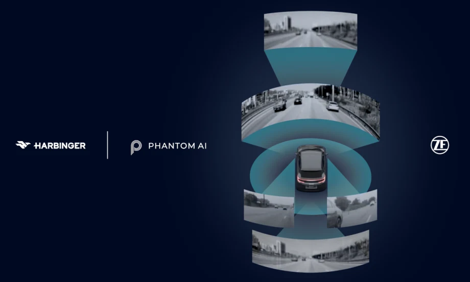 black background with inset photos of wild angle views around a vehicle and logos for ZF, Harbinger, and Phantom AI.