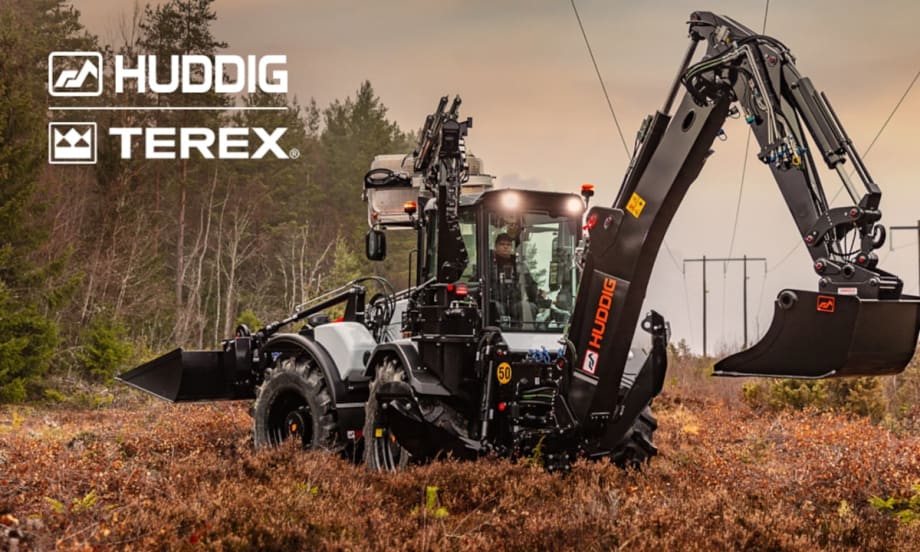 Tractor with backhoe working along a powerline with logos inset for Huddig and Terex.