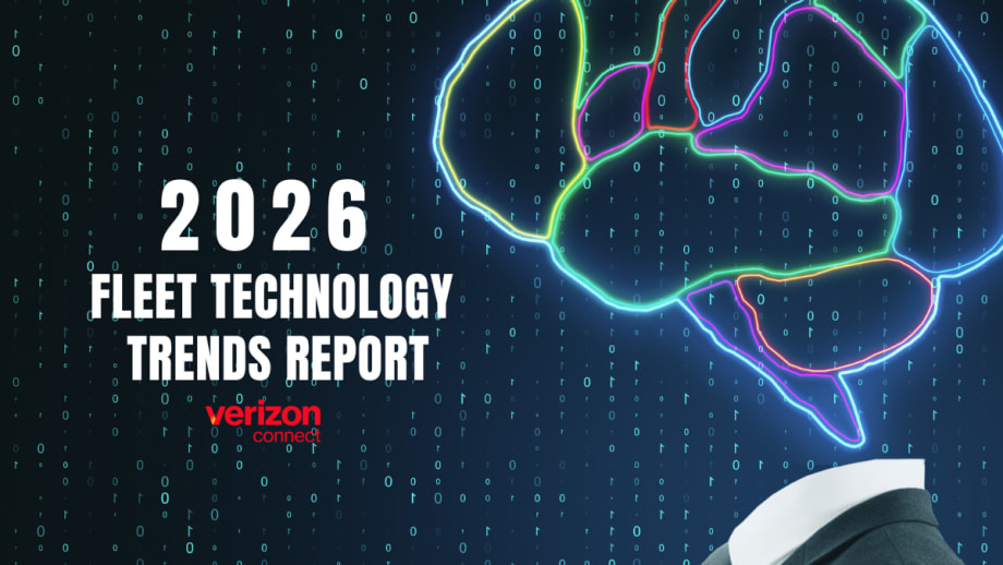 Graphic for Verizon Connect 2026 Fleet Technology Trends Report featuring a neon brain outline over a binary code background with the Verizon Connect logo.