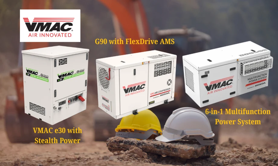 Construction site background image with excavator and two hardhats, VMAC logo, and inset images of three white boxes that contain power sources or air compressors.